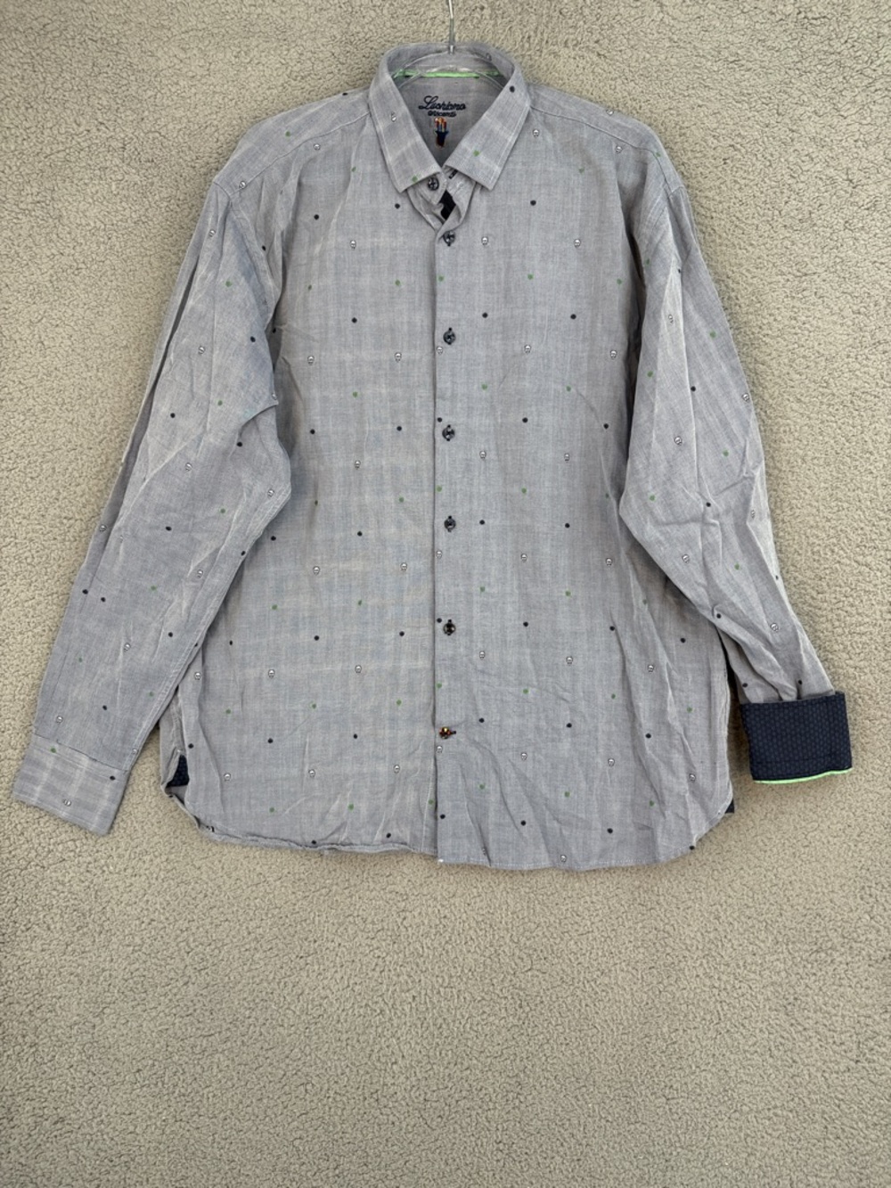 Luchiano Visconti Men's 2XL long sleeve button down shirt Gray Skull & dot print